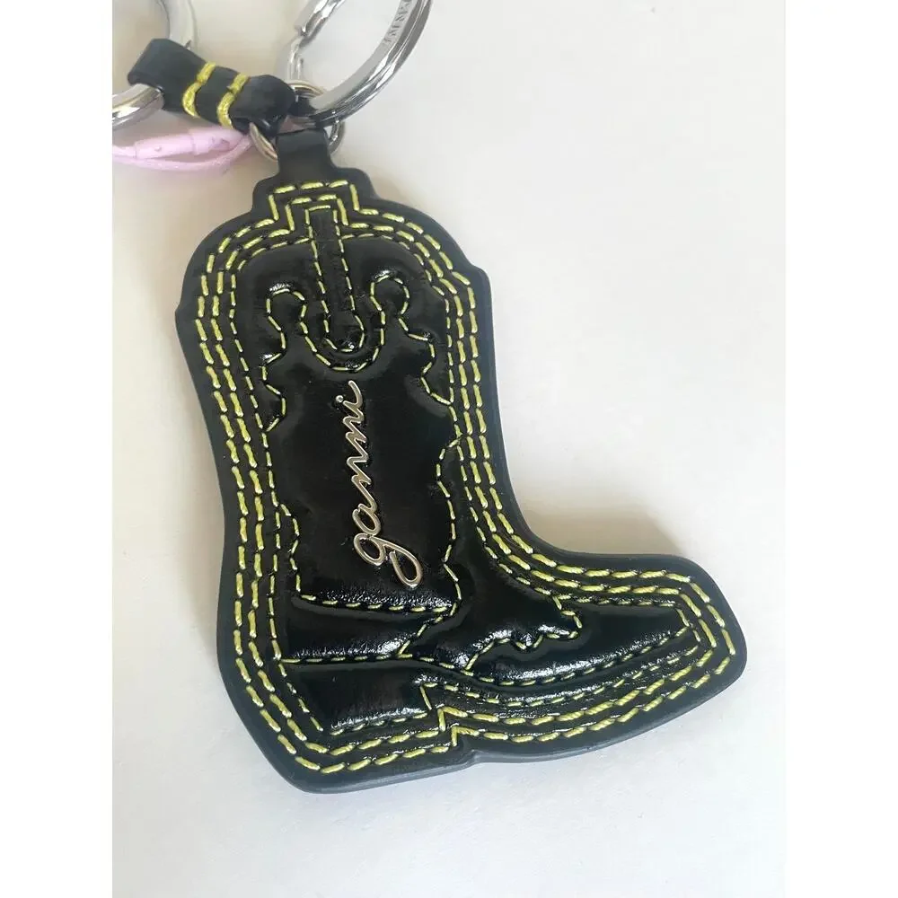 GANNI Western Boot Keyring Black Yellow Leather Bag Charm